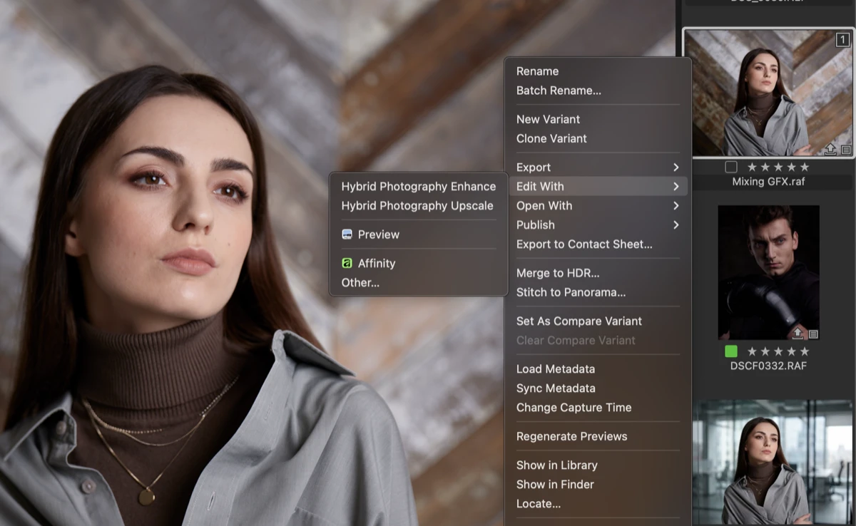Capture One right-click menu showing Edit With Hybrid Photography